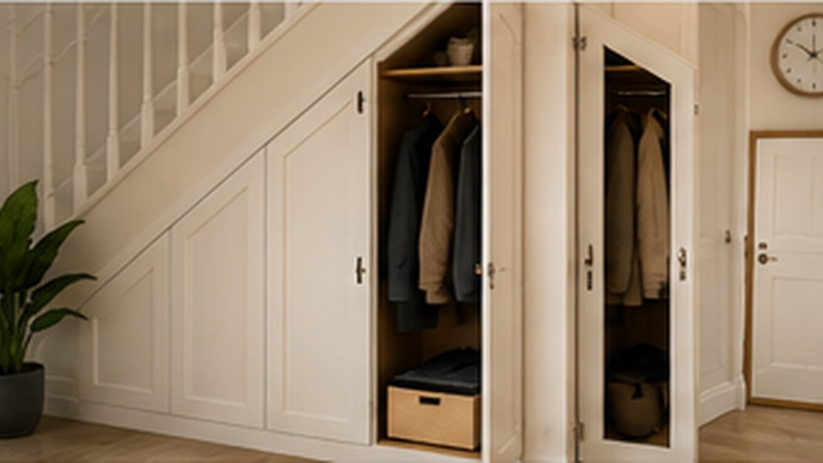 Tall coat storage cupboards fitted beneath a staircase