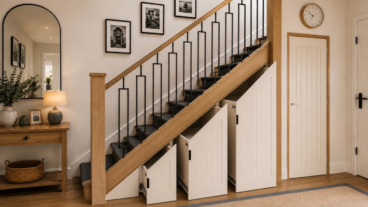 Multiple pull-out drawers following the stair angle