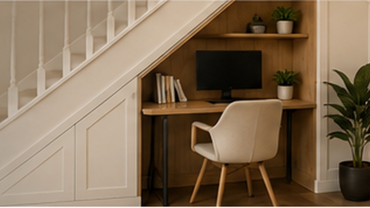 Compact fitted home office built beneath a staircase